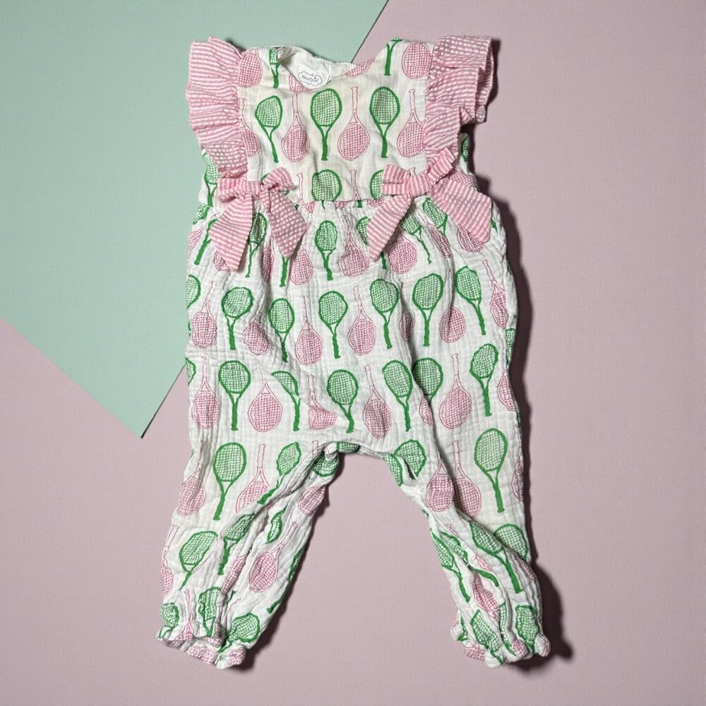 Seersucker Star Romper – Mud Pie Baby Girl Outfit 9-12 months Pink Tennis